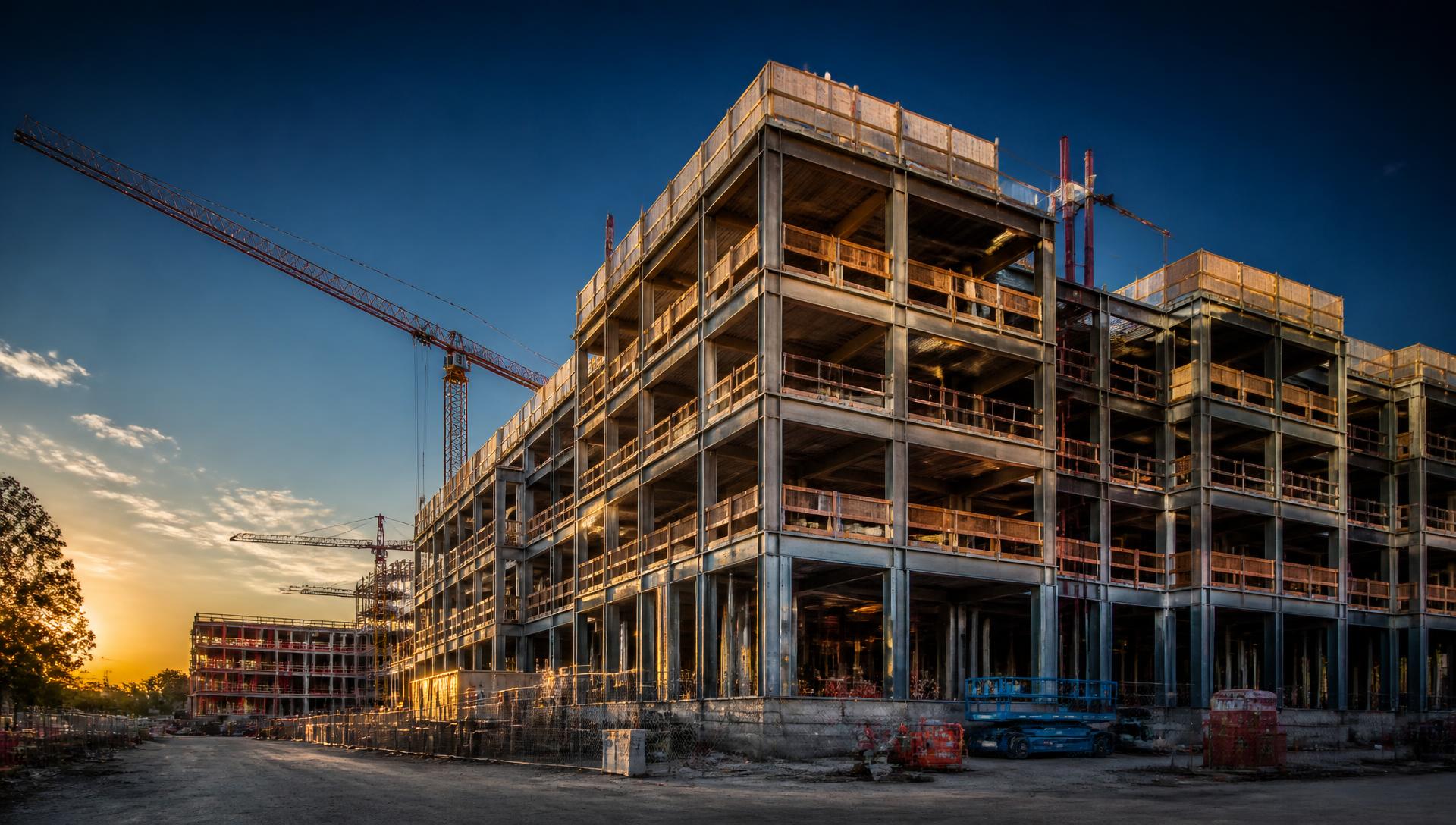 Obra en construcción de Construcciones SK al atardecer